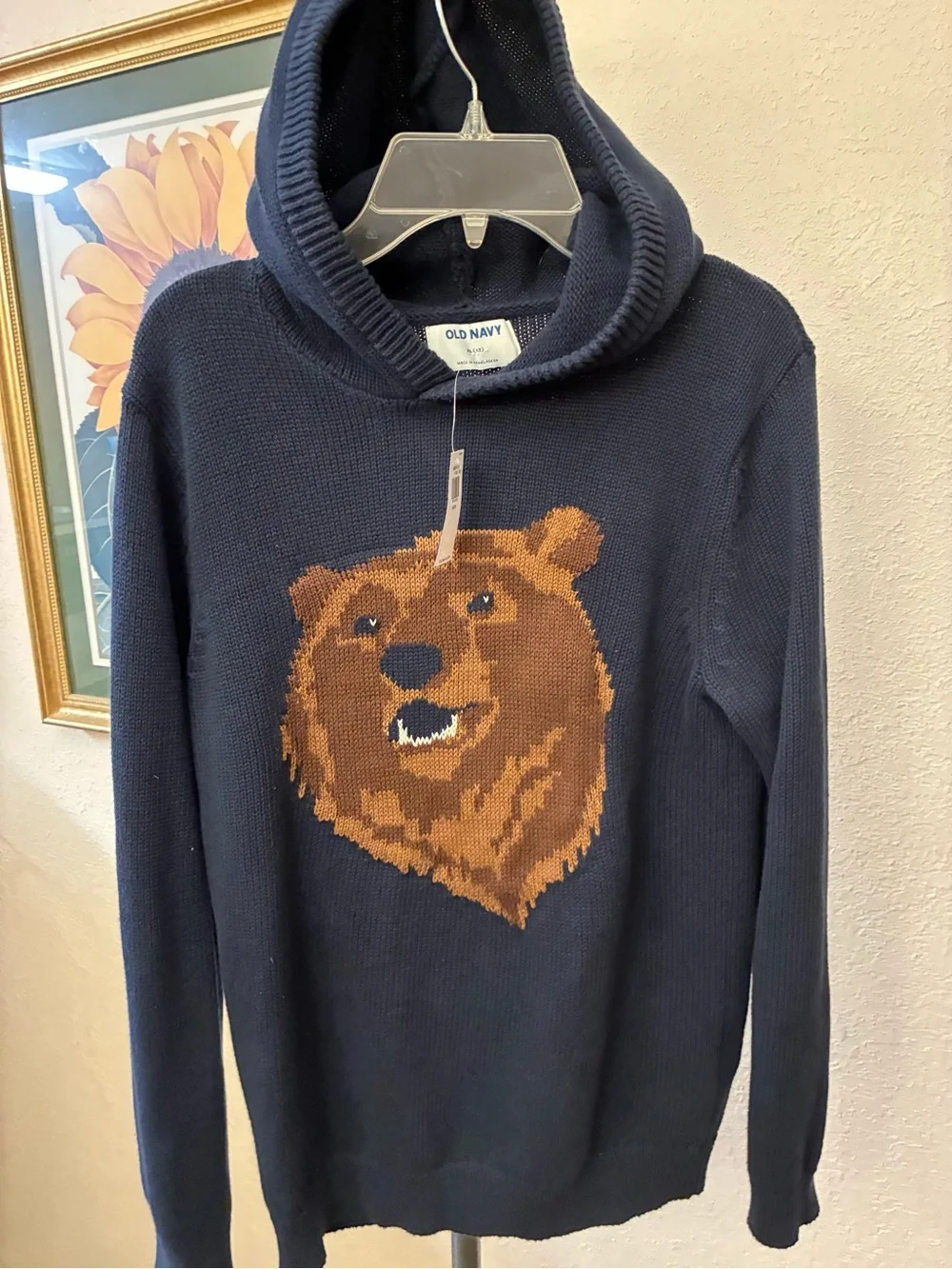 Old Navy Kids Navy Hooded Sweater with Brown Bear Motif